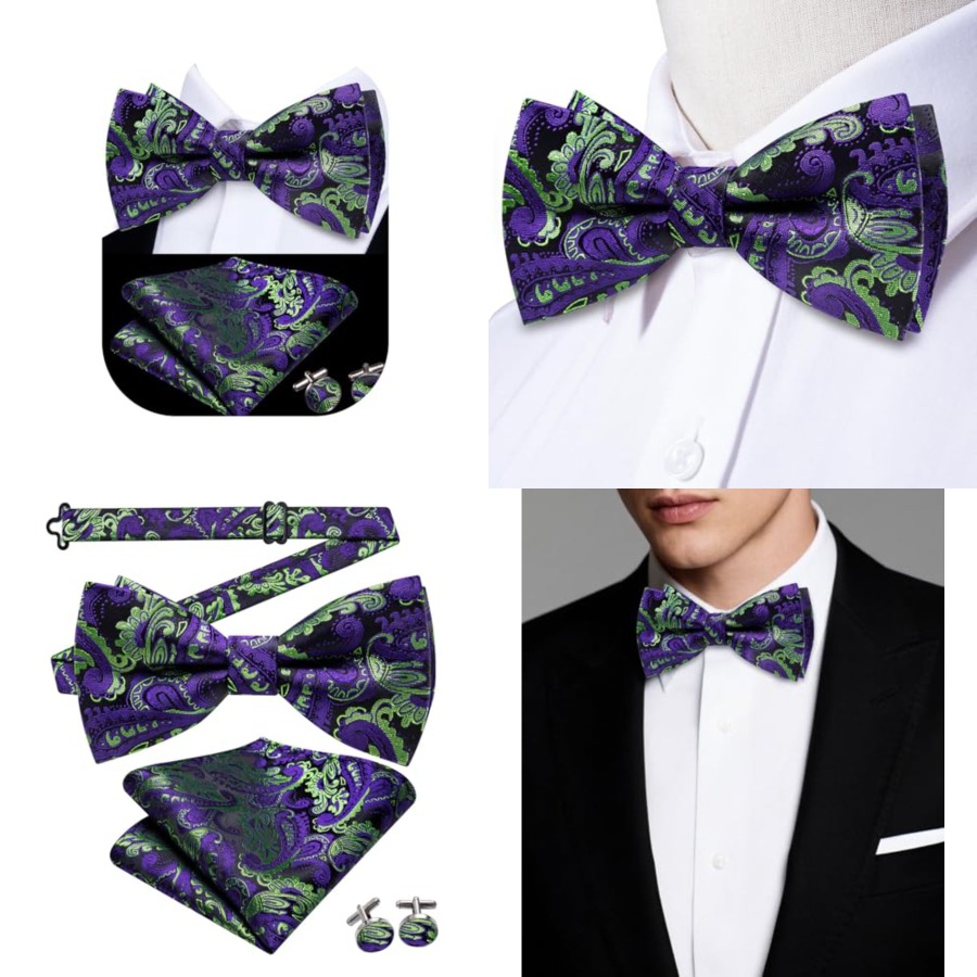 Pocket Square Set - Mens Paisley Striped Bowtie Set Pre-tied
